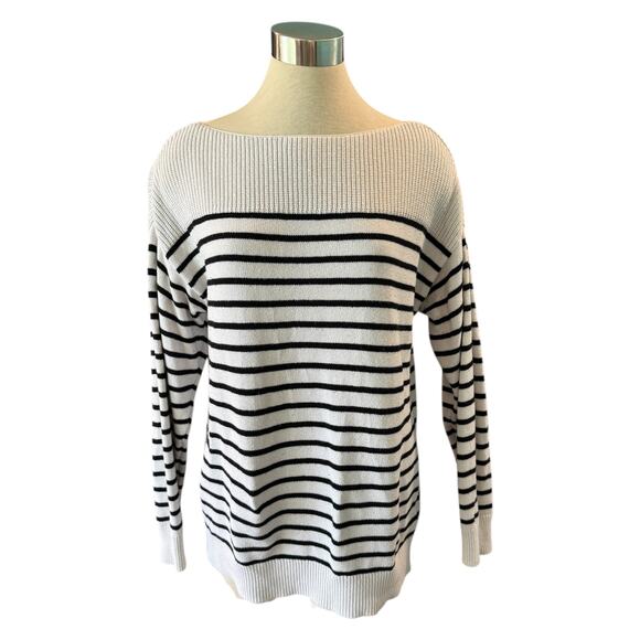 Gap Factory Off White Black Striped Boat Neck Sweater Women’s Large - Picture 1 of 7